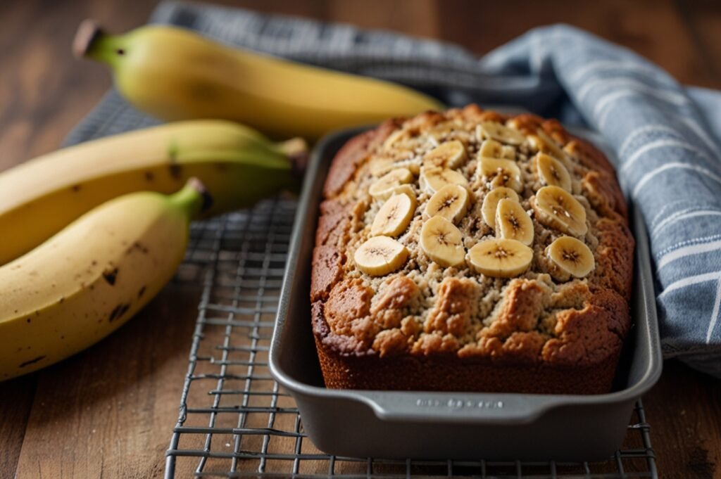 Bolo fit de banana decorado com rodelas de banana por cima, em uma forma de pão.