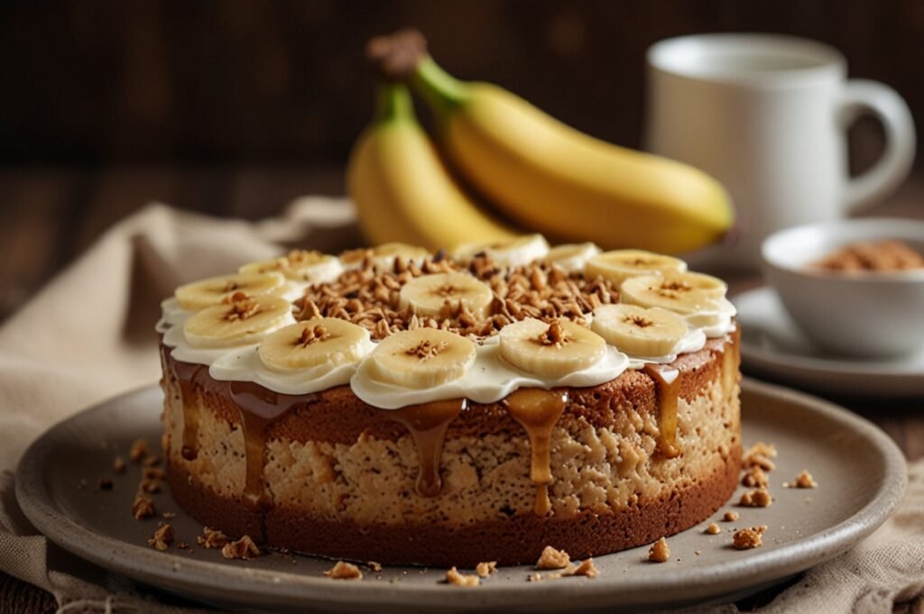 Bolo de banana decorado com rodelas de banana e cobertura cremosa.