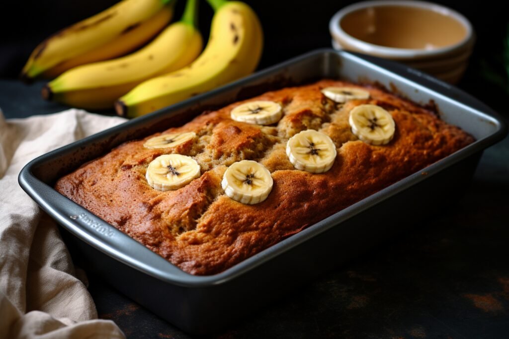 Bolo de banana fit em uma forma, decorado com rodelas de banana por cima.