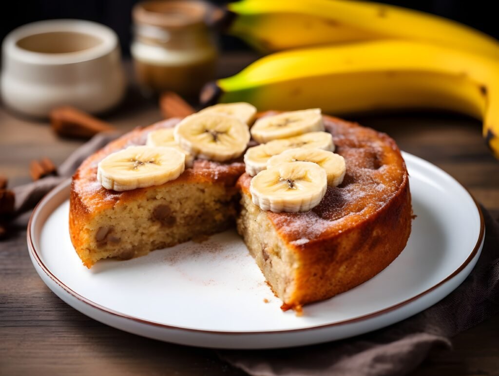 Bolo de banana com canela decorado com fatias de banana, servido em prato branco com bananas frescas ao fundo.