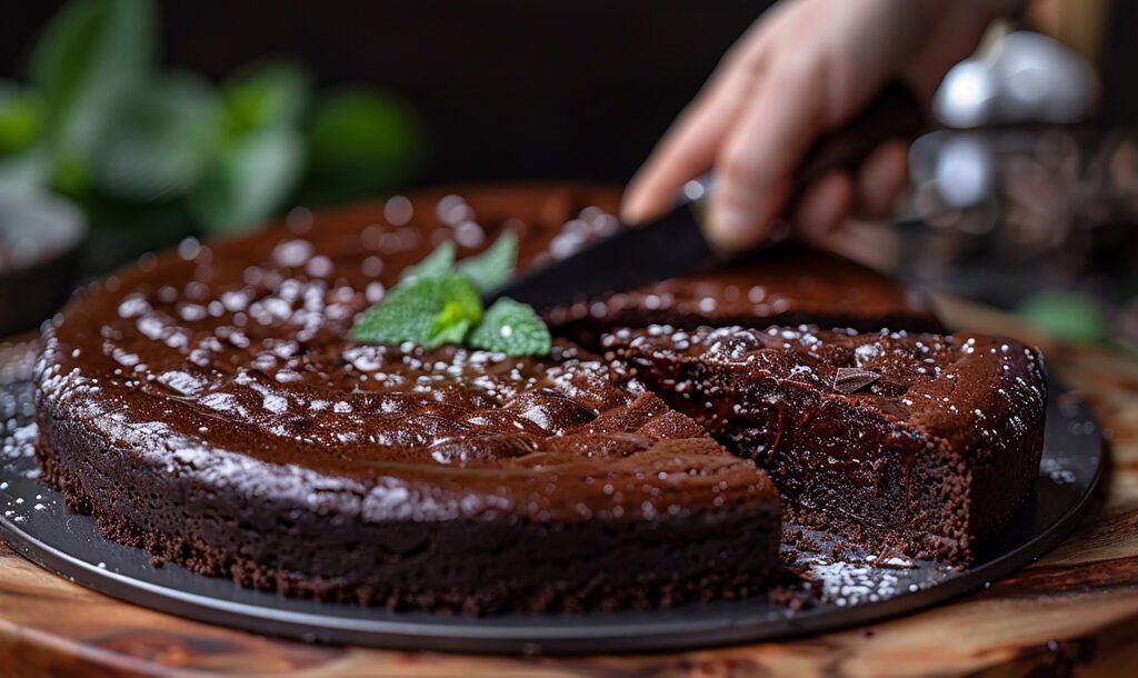 Cortando um bolo de chocolate úmido decorado com açúcar de confeiteiro e hortelã