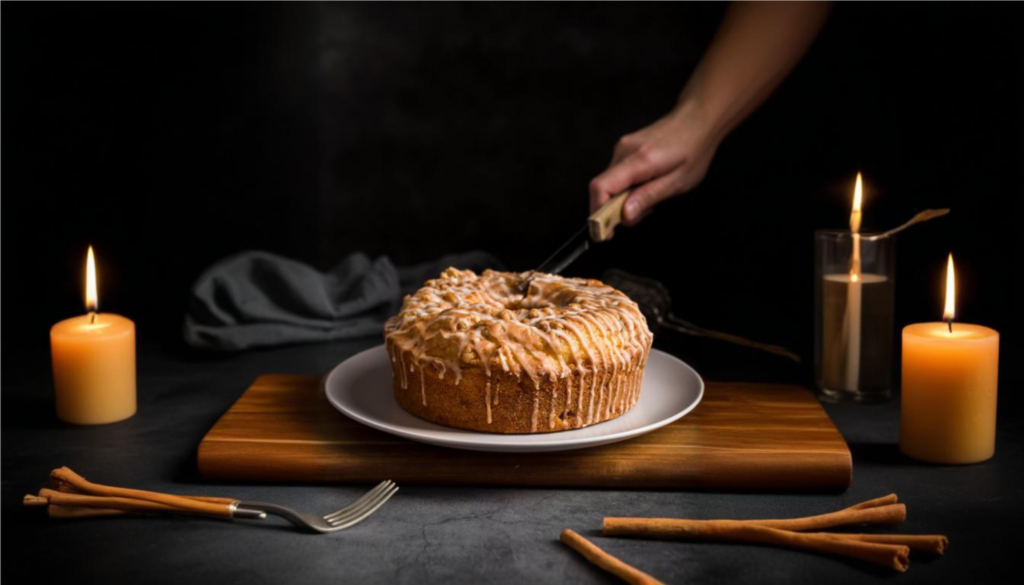 Bolo de fubá com cobertura sendo cortado em uma mesa iluminada por velas.