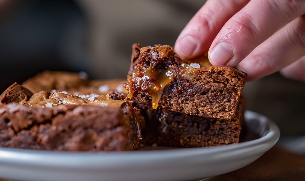 Fatia de bolo fit de chocolate com recheio cremoso de caramelo.