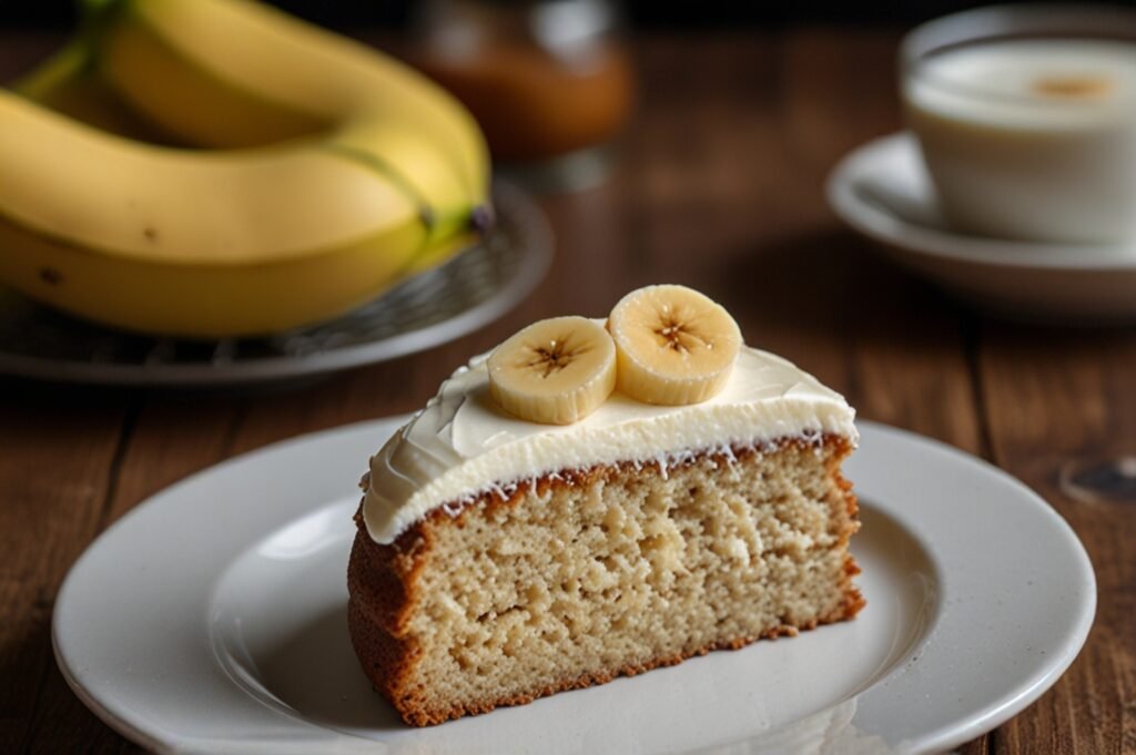 Fatia de bolo de banana fofinho com cobertura de creme e rodelas de banana.