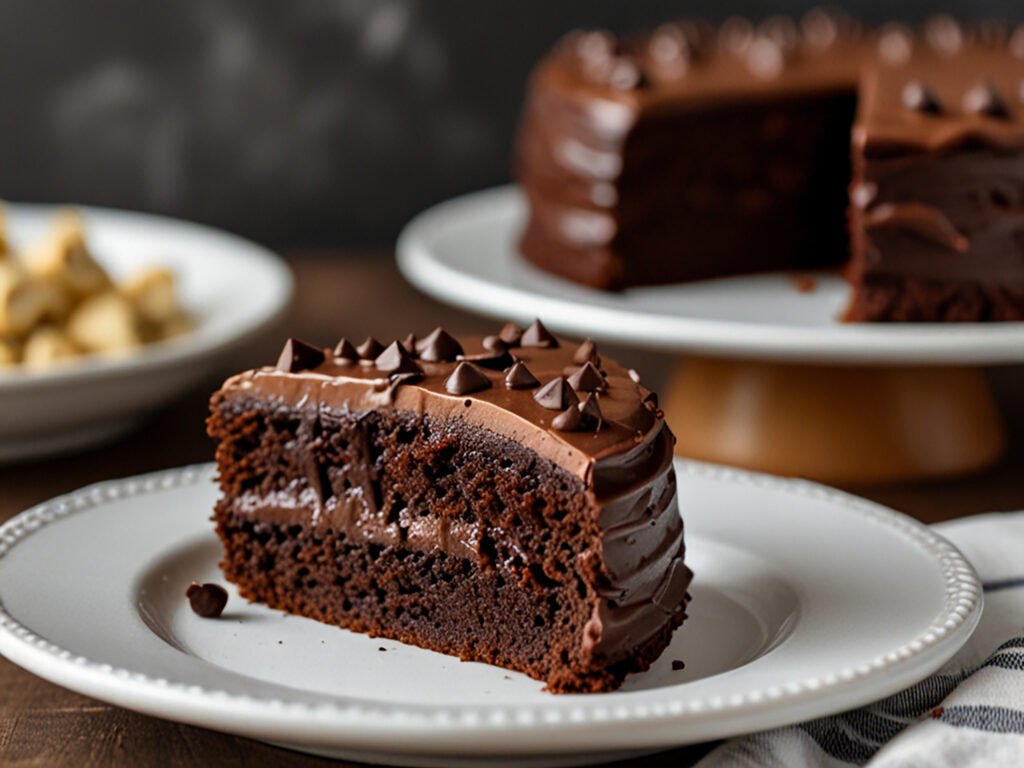 Fatia de bolo de chocolate fofinho com cobertura cremosa e gotas de chocolate, servida em prato branco.