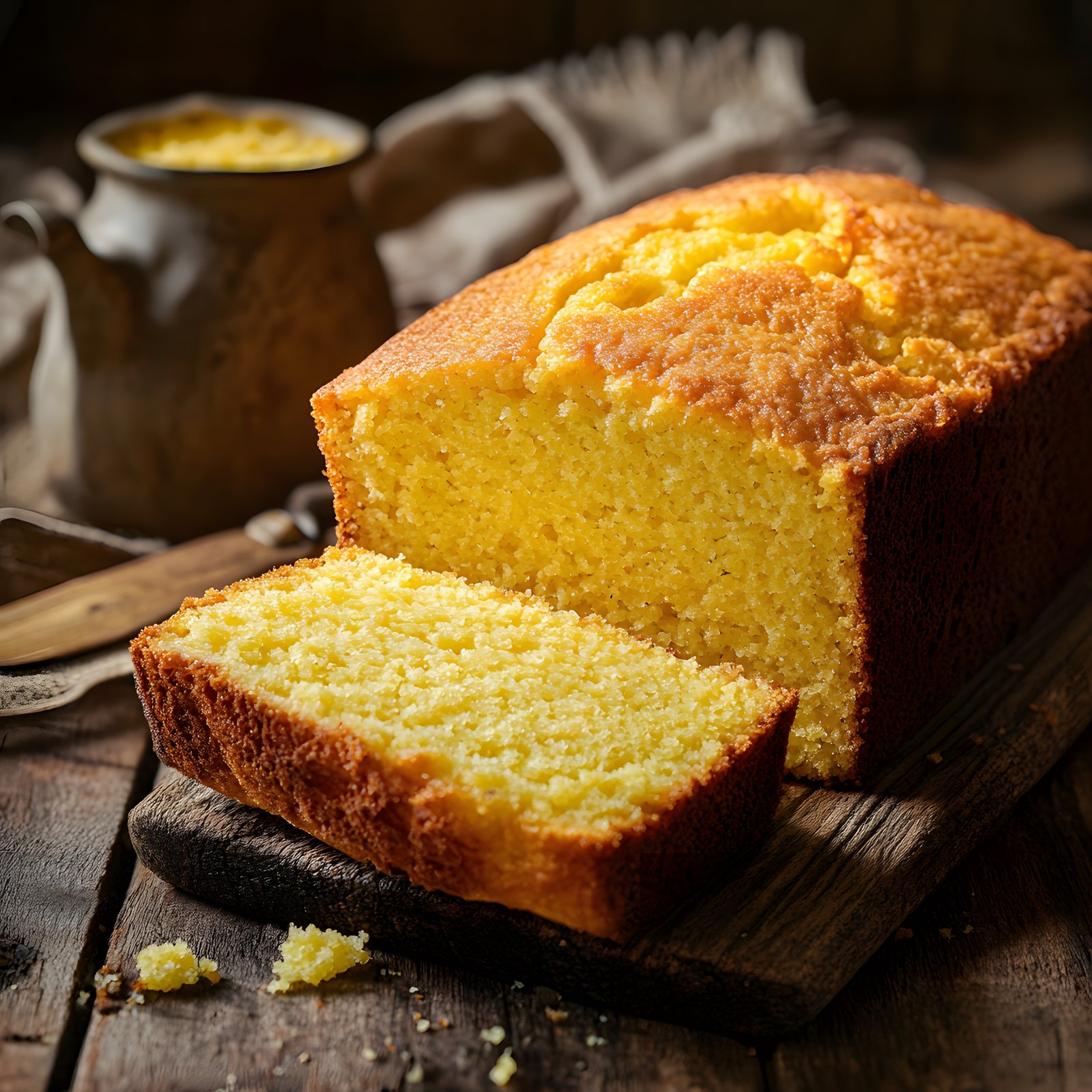 Fatia de bolo de fubá caseiro com textura macia e crocante