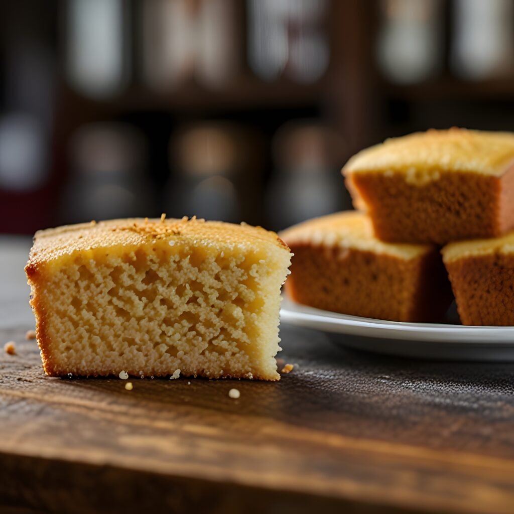 Fatia de bolo de fubá servido em uma tábua de madeira, com mais pedaços ao fundo.