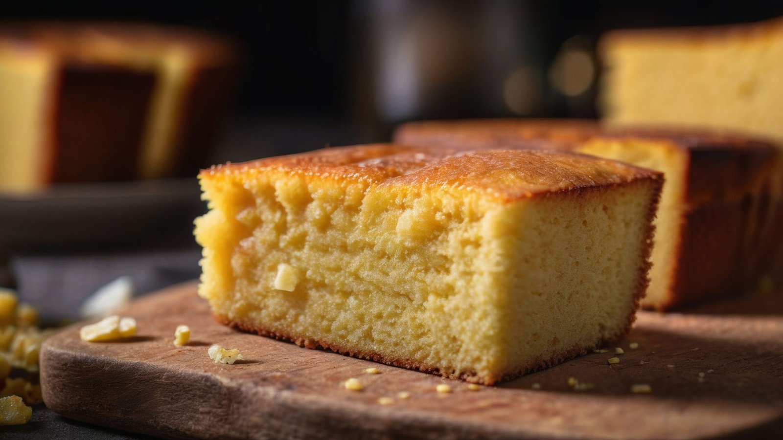 Fatia de bolo de fubá caseiro macio e dourado