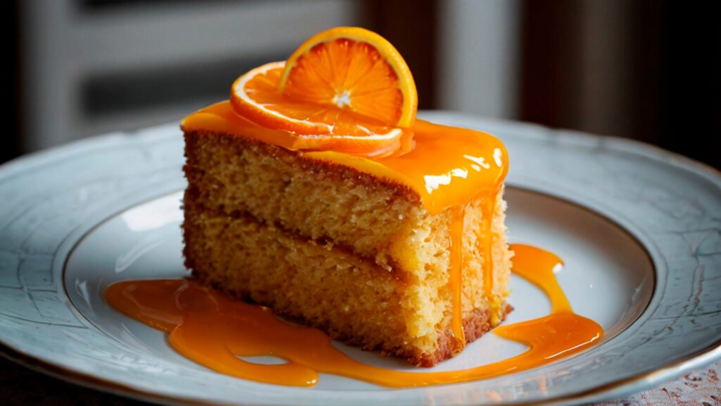 Fatia de bolo de laranja coberta com calda brilhante e uma rodela de laranja no topo, servida em prato decorado