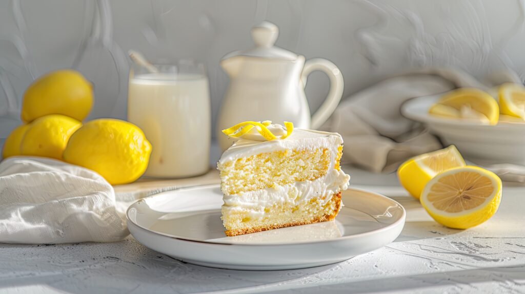 Fatia de bolo de limão com cobertura cremosa e raspas de limão