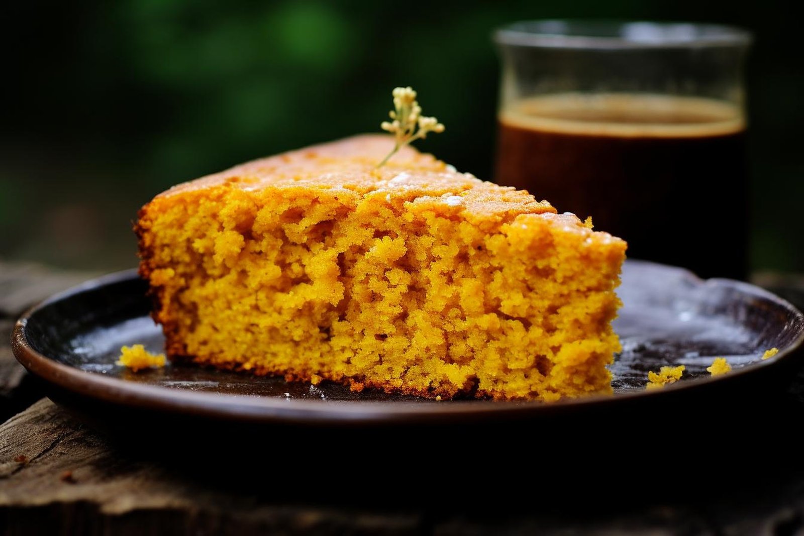 Fatia de bolo de milho caseiro em prato rústico, com fundo de natureza e café, evocando um lanche tranquilo ao ar livre.