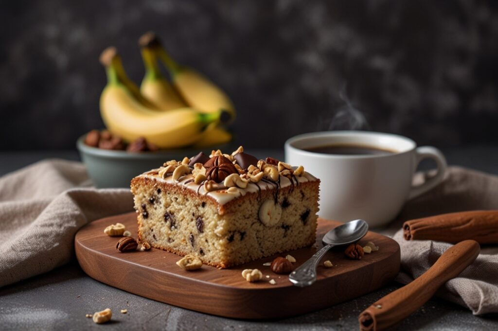 Fatia de bolo de banana com castanhas decorada com chocolate e castanhas, servida com café.