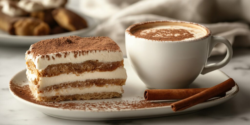 Fatia de bolo de leite com canela servida com uma xícara de café