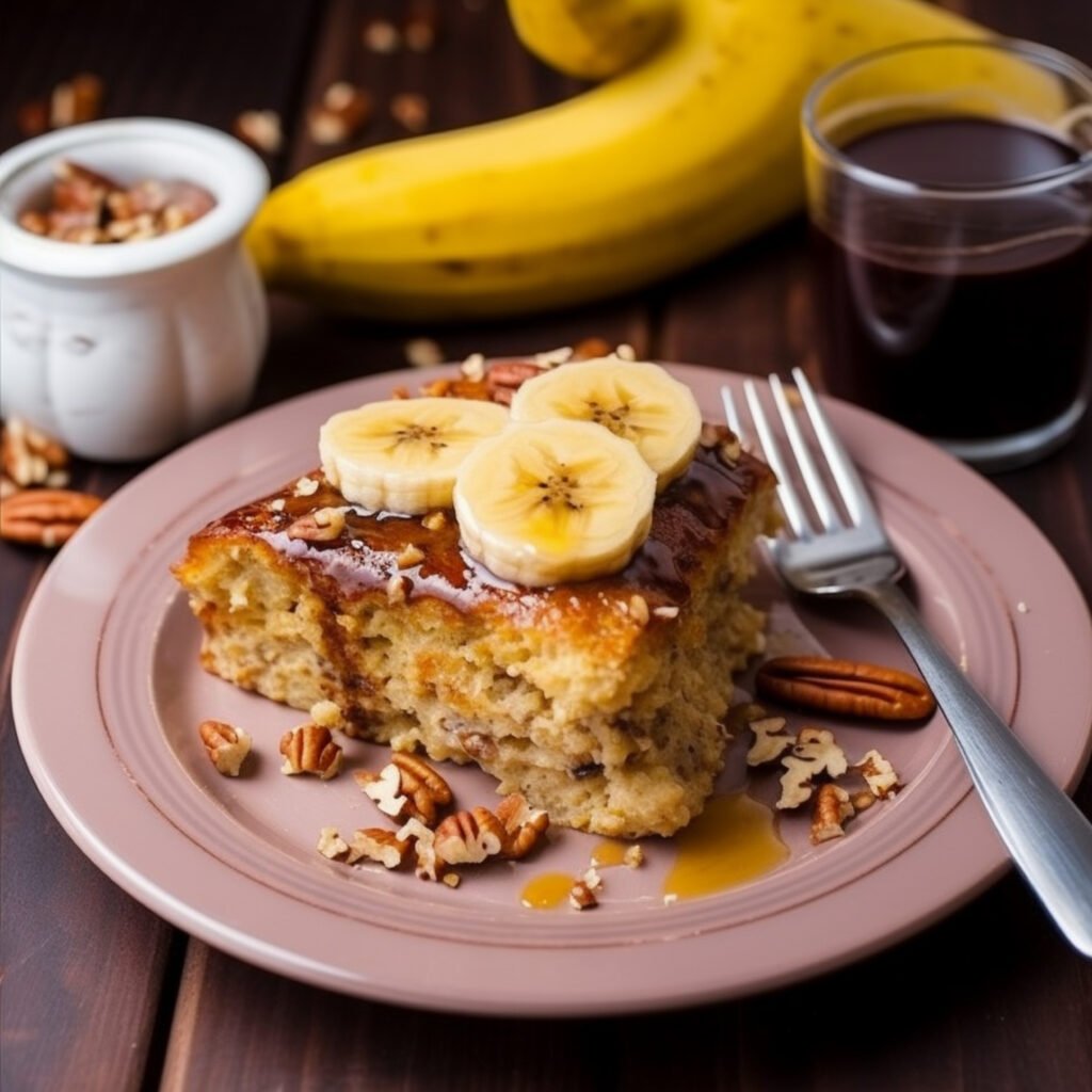 Fatia de bolo de banana com castanhas decorada com fatias de banana e calda de mel, servida com café.