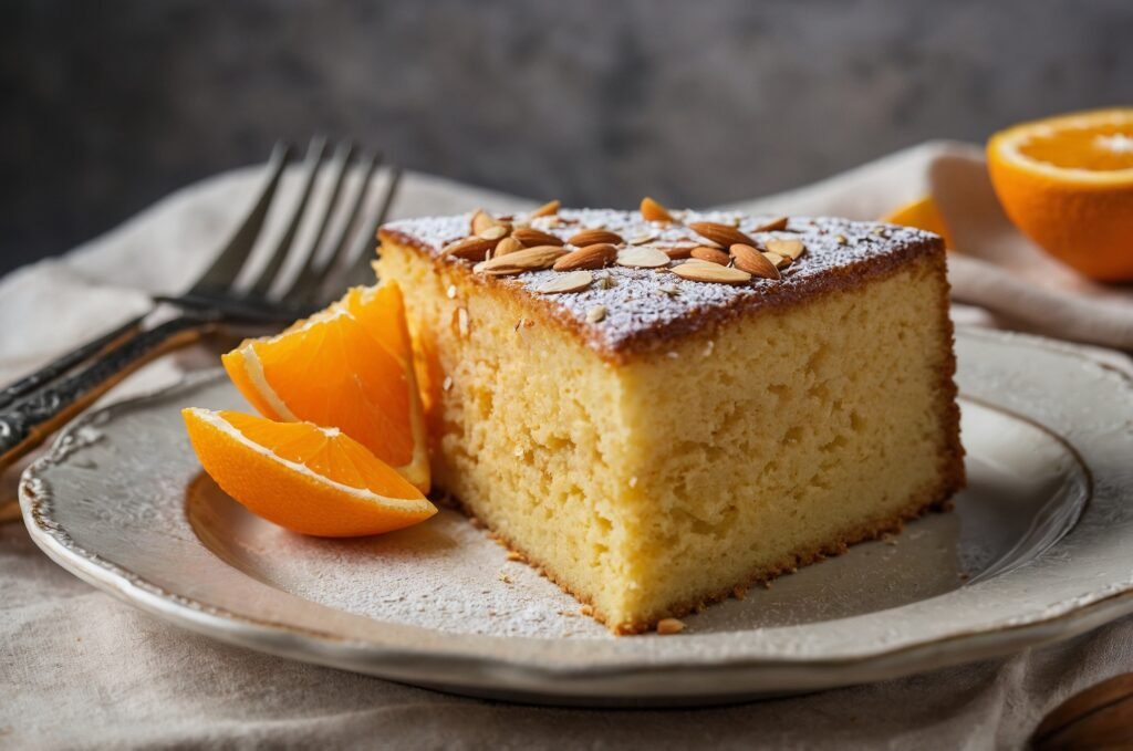 Fatia de bolo de laranja decorada com amêndoas e acompanhada de pedaços de laranja.