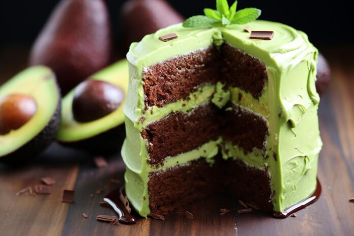 Bolo de abacate com cobertura cremosa e camadas de chocolate decorado com folhas de hortelã