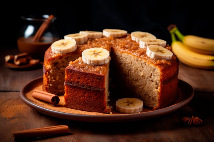 Bolo de banana com canela decorado com rodelas de banana em cima, servido em prato rústico com paus de canela ao lado.