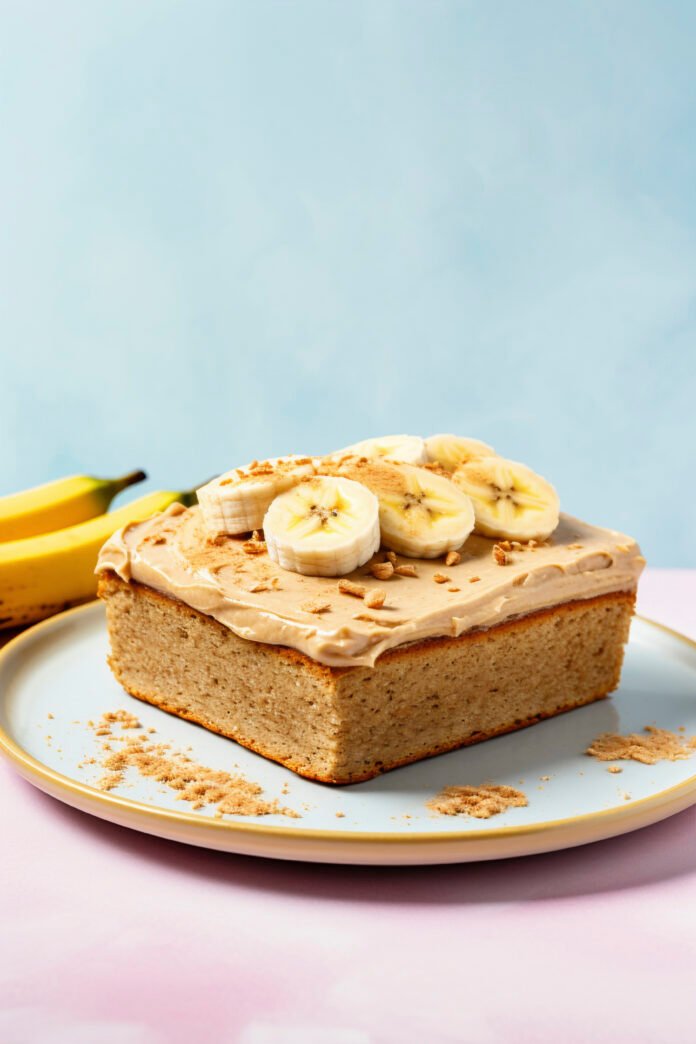 Bolo de banana fit com cobertura cremosa e fatias de banana por cima.