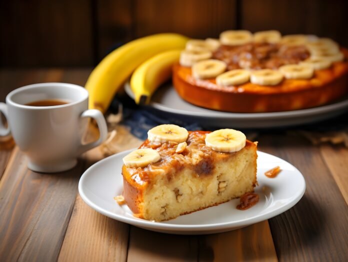 Fatia de bolo de banana fofinho com cobertura de banana servido com café.