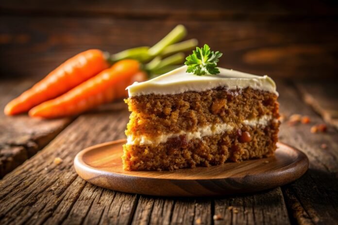 Fatia de bolo de cenoura fofinho com cobertura de cream cheese, decorada com raminho de salsa, e cenouras frescas ao fundo.