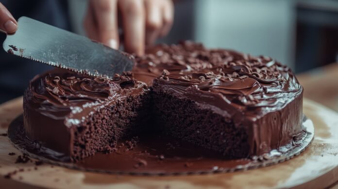 Cortando um bolo de chocolate caseiro coberto com ganache de chocolate