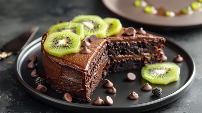 Bolo de chocolate fit decorado com fatias de kiwi e gotas de chocolate.