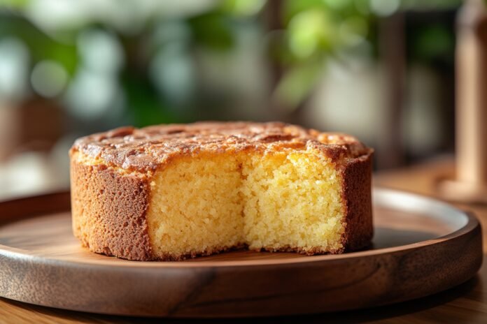 Bolo de fubá simples assado, com fatia cortada, em uma travessa de madeira.