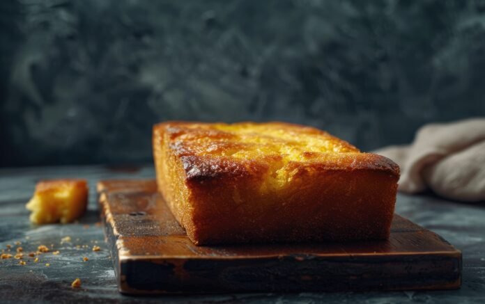 Bolo de fubá caseiro assado em uma tábua de madeira