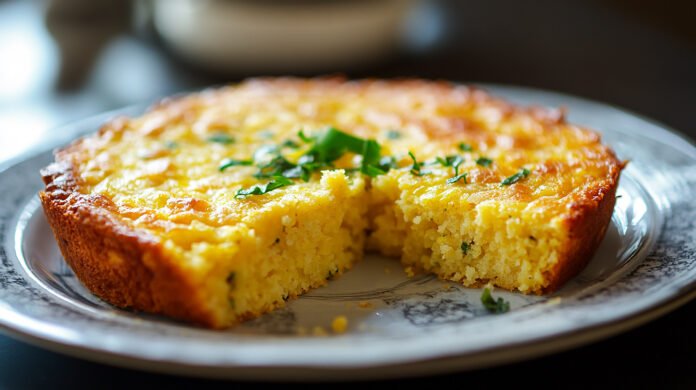 Bolo de fubá com queijo servido em prato decorado