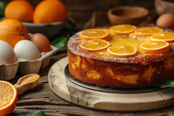 Bolo de laranja caseiro coberto com fatias de laranja e polvilhado com açúcar, cercado por ingredientes como laranjas e ovos