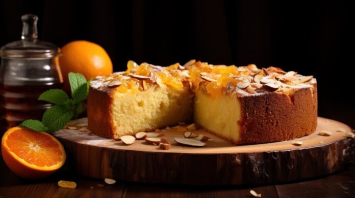 Bolo de laranja com amêndoas decorado com amêndoas laminadas e pedaços de laranja sobre uma tábua de madeira.