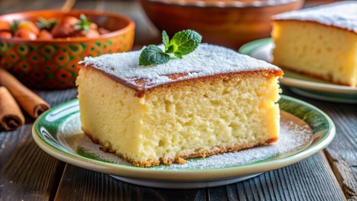 Fatia de bolo de milho com coco decorada com açúcar de confeiteiro