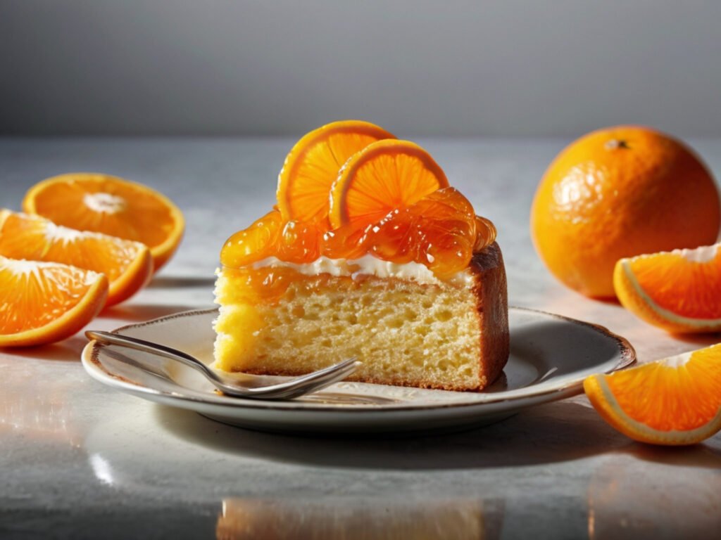 Fatia de bolo de laranja fit com cobertura de geleia e fatias de laranja.