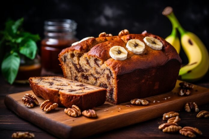 Bolo de banana com castanhas decorado com fatias de banana e castanhas sobre uma tábua de madeira.