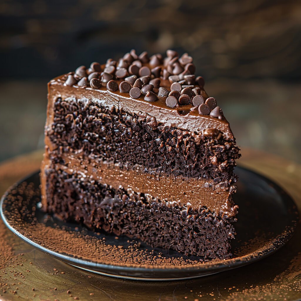 Fatia de bolo de chocolate com cobertura cremosa e gotas de chocolate