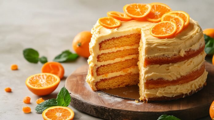 Bolo de laranja fofinho com camadas e cobertura de laranja