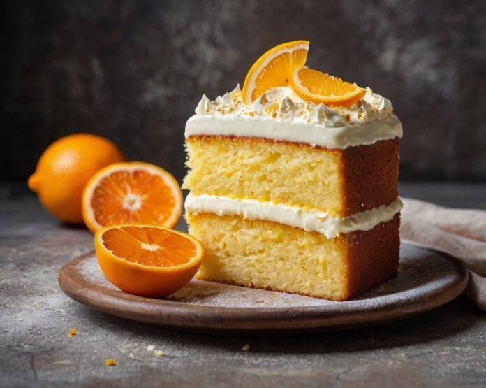 Fatia de bolo de laranja com cobertura e decoração de laranja fresca