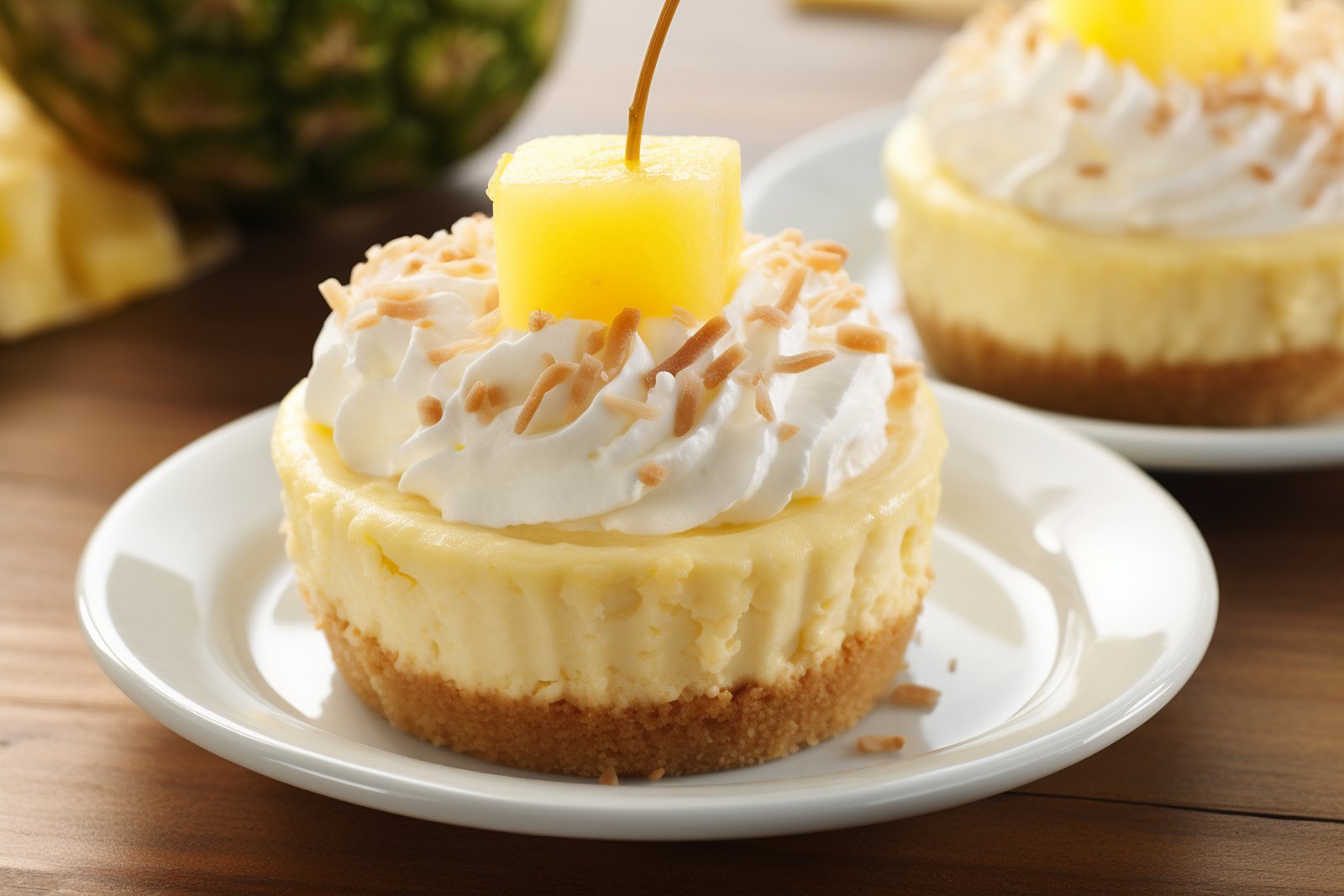 Mini bolo gelado de abacaxi com cobertura de chantilly e coco tostado