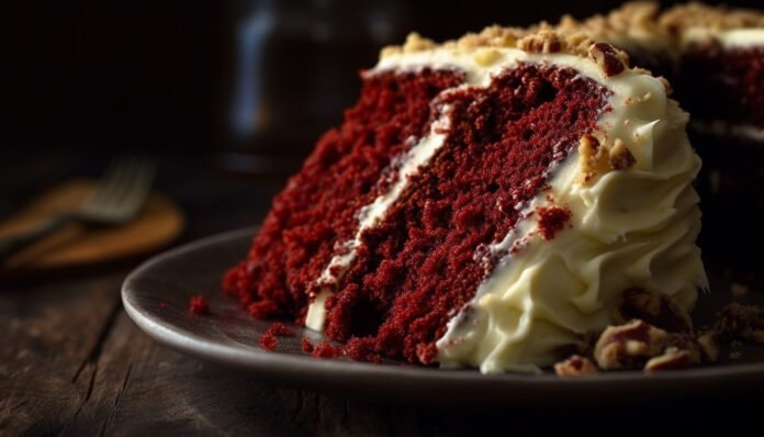 Fatia de bolo Red Velvet com cobertura e nozes.