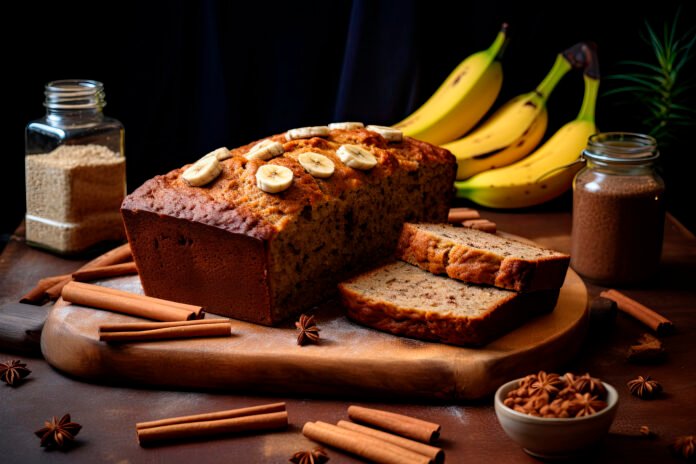 Bolo de banana com aveia e canela diet em uma mesa de madeira, cercado por bananas frescas, canela em pau e açúcar mascavo.