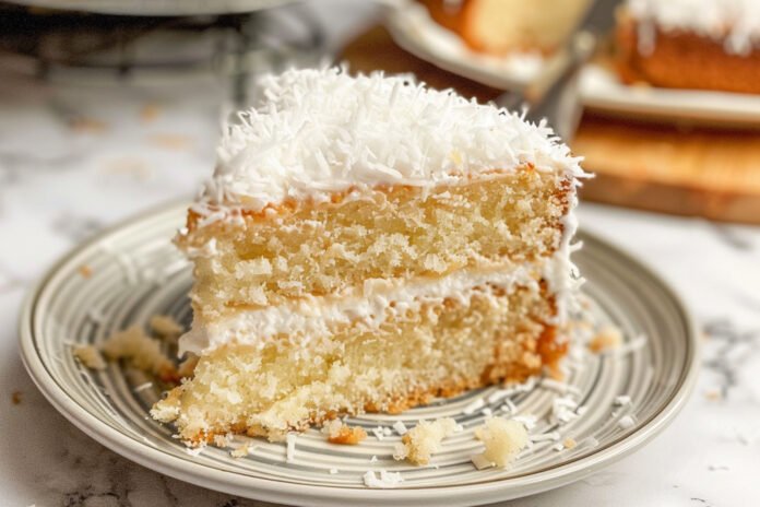 Fatia de bolo de coco fofinho com cobertura de leite condensado, decorada com coco ralado em um prato branco listrado.