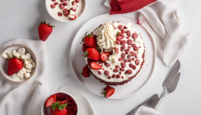 Bolo de morango decorado com chantilly, pedaços de morango fresco e gotas de chocolate branco, servido em um prato branco com acompanhamentos ao redor.