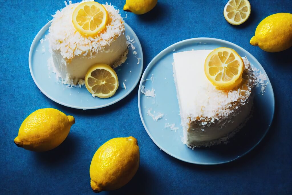 Fatias de bolo gelado de limão com leite de coco, decoradas com rodelas de limão e coco ralado em pratos azuis, com limões frescos ao redor.