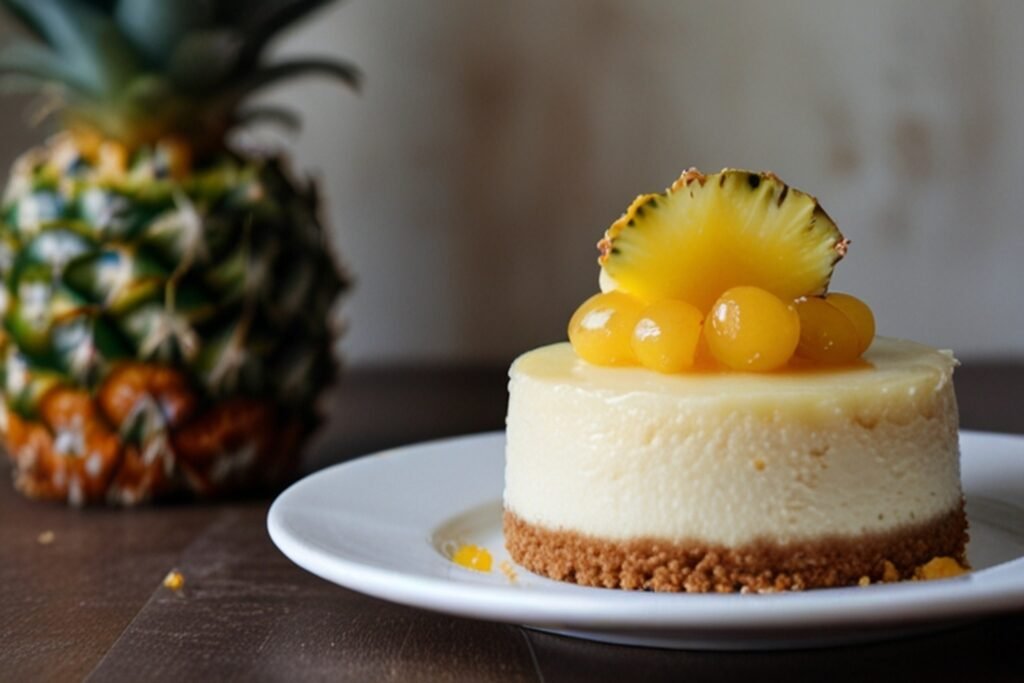 Bolo gelado de abacaxi com cobertura de frutas e base crocante.