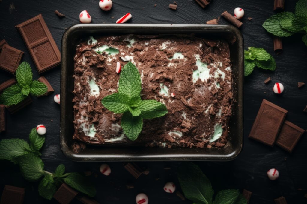 Forma de bolo gelado de chocolate com menta decorado com folhas de hortelã e pedaços de chocolate