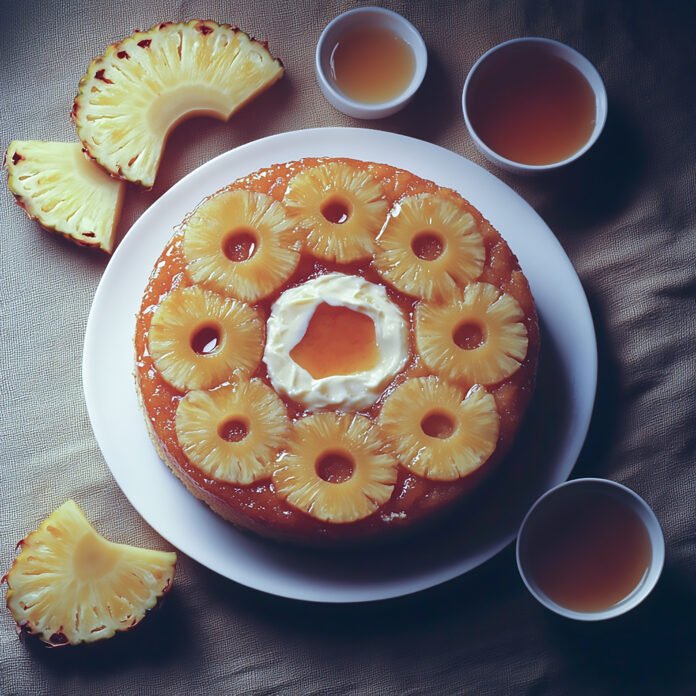 Bolo de abacaxi invertido decorado com fatias de abacaxi caramelizado e creme, servido em um prato branco com pedaços de abacaxi ao redor e pequenas tigelas de calda.