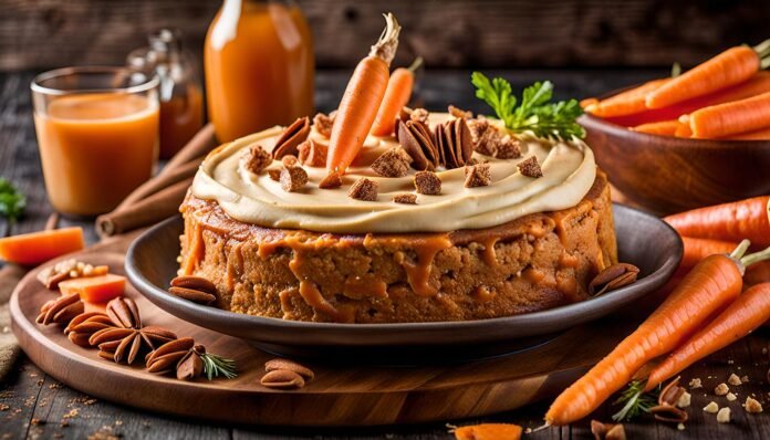 Bolo de cenoura vegano decorado com cobertura de caramelo, cenouras frescas e nozes, em uma mesa rústica com elementos naturais.