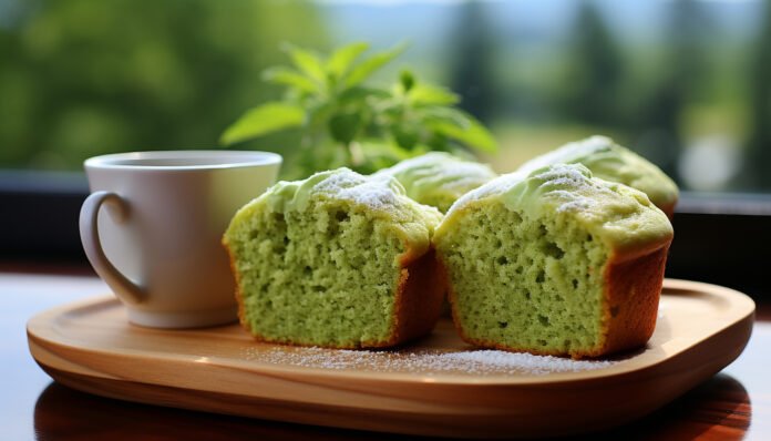 Bolo de chá verde com gotas de chocolate branco servido com uma xícara de chá.