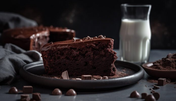 Fatia de bolo de chocolate meio amargo com ganache cremosa em um prato, acompanhada de pedaços de chocolate e um copo de leite ao fundo.