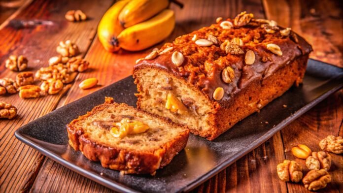 Bolo de banana com aveia decorado com nozes e amendoins em uma mesa de madeira.